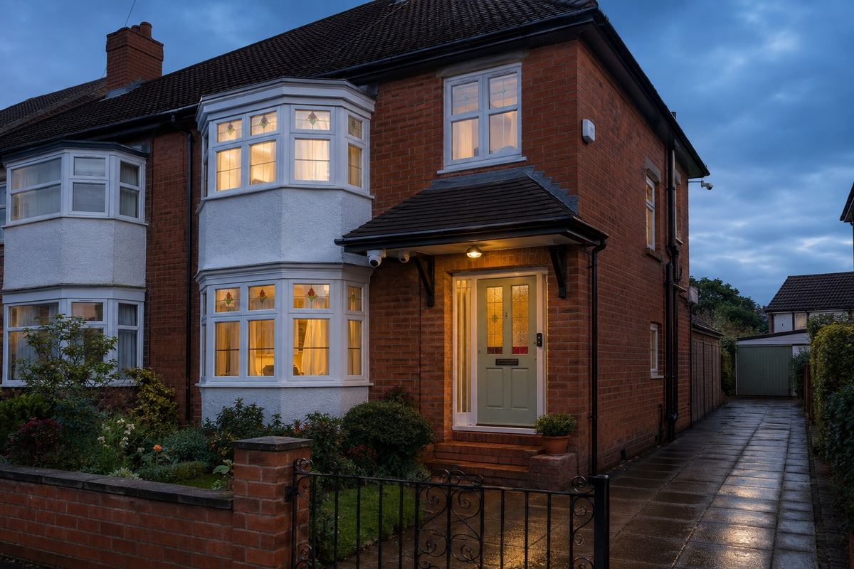 Semi-detached home at dusk with a dome camera above the front door and an alarm sounder on the wall