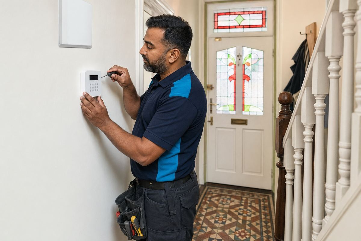 Engineer fitting an intruder alarm keypad in a hallway beside a stained-glass front door