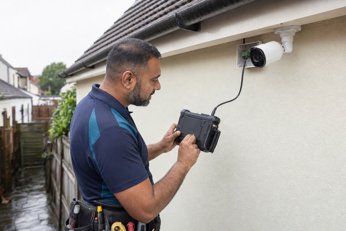 Engineer checking a newly fitted bullet camera with a handheld test monitor